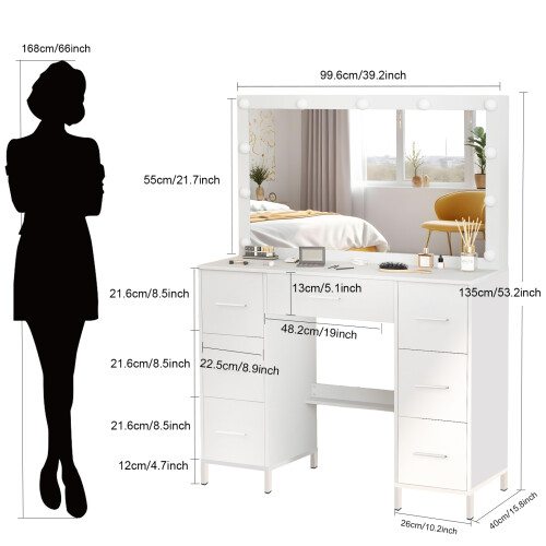 3 Color Lights Led Mirror +7 Drawers Vanity Set UK