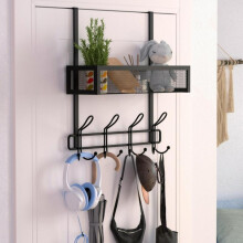 (Black, one-size) Over The Door Hooks Organizer, Multifunctional Wall Mounted Storage Rack with 12 Hooks & Mesh Basket, Hanging Shelf, Home Organizer for