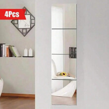 (Silver, one-size) Square Acrylic Mirror Wall Sticker, 4 Counts/set Removable Self-adhesive Mirror Wall Decal, Wall Decor for Home Living Room Bedroom Office,