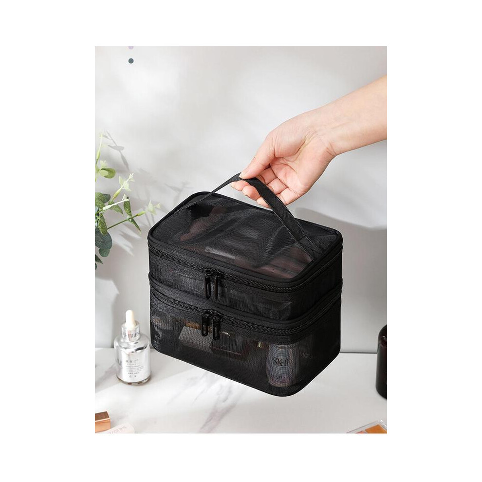 (Black double layer, Please Refer To The Pictures for Dimensions) 3-layer Makeup Storage Bag, Travel Portable Cosmetic Bag, Zipper Storage Bag for Ski