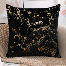 (Black, With Pads) Set Of 2 Luxury Soft Warm Faux Fur Cushions with Gold Metallic Marble Design - 43x43cm Sofa Pillows