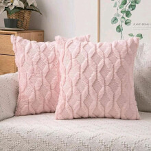 (Diamond Pink, With Pads) Set Of 2 Luxury Soft Warm Faux Fur Cushions with Gold Metallic Marble Design - 43x43cm Sofa Pillows