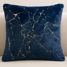 (Navy, With Pads) Set Of 2 Luxury Soft Warm Faux Fur Cushions with Gold Metallic Marble Design - 43x43cm Sofa Pillows