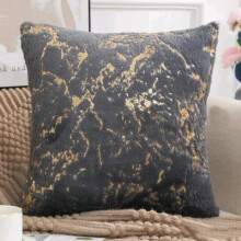 (Grey, With Pads) Set Of 2 Luxury Soft Warm Faux Fur Cushions with Gold Metallic Marble Design - 43x43cm Sofa Pillows