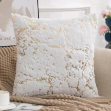 (White, With Pads) Set Of 2 Luxury Soft Warm Faux Fur Cushions with Gold Metallic Marble Design - 43x43cm Sofa Pillows