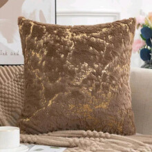 (Light Brown, With Pads) Set Of 2 Luxury Soft Warm Faux Fur Cushions with Gold Metallic Marble Design - 43x43cm Sofa Pillows