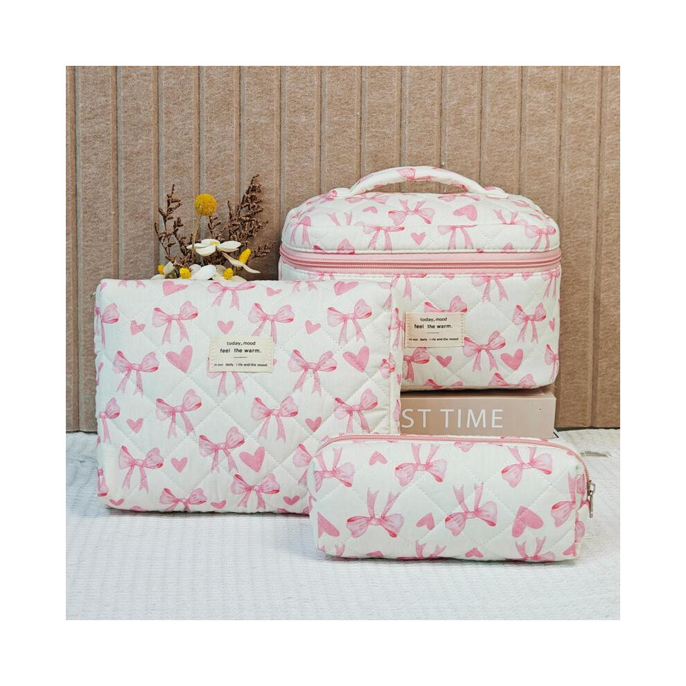 (Pink-Pink, 3 Counts/set) Floral Pattern Quilted Makeup Bag Set, 3 Counts Travel Cosmetic Bags, Portable Zipper Makeup Organizer Pouches, for Skincare