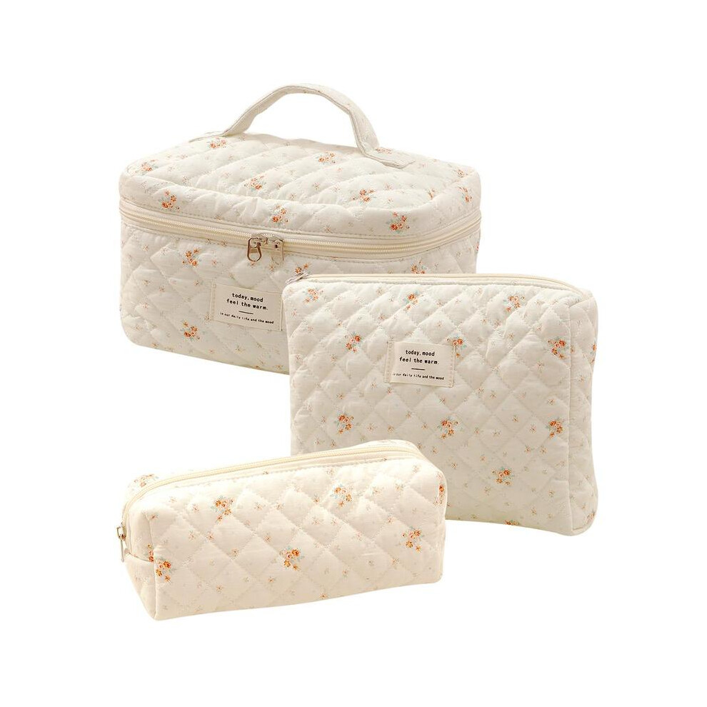 (white, 3 Counts/set) Floral Pattern Quilted Makeup Bag Set, 3 Counts Travel Cosmetic Bags, Portable Zipper Makeup Organizer Pouches, for Skincare, Lo