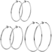 Stainless Steel Big Clip On Spring Hoop Earrings 3 Pcs Jewelry Set Gunmetal Tone