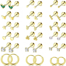 18 Pairs Small Hypoallergenic Flat Back Stud Earrings for Women Men 14K Gold Plated Surgical Stainless Steel Earring Sets Tiny Screw Back