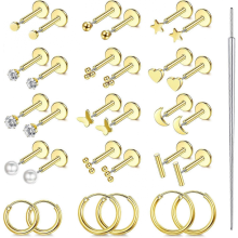 Small Flat Back Earrings,Push in Stud Earrings for Women Men,Hypoallergenic 14K Gold Plated Surgical Stainless Steel Threadless Earring,Flatback