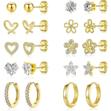 Small Gold Stud Earrings Set for Women - 14K Gold Plated CZ Huggie Hoops Hypoallergenic earrings Dainty flower Heart Stud Earrings for Jewelry