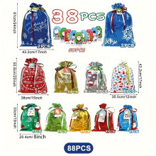 88pcs Festive Christmas Gift Bags Set with Tags and Ribbon Ties - Assorted Sizes Small, Medium, Large, Jumbo, Plastic, Cartoon Patterns