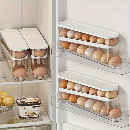 (Off White, 1count) Refrigerator Egg Storage Box, 1 Count Space Saving Rolling Egg Holder, Egg Storage Organizer, Kitchen Accessories, Home Supplies 2