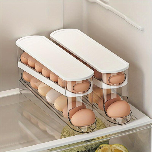 (Off White, 1count) Refrigerator Egg Storage Box, 1 Count Space Saving Rolling Egg Holder, Egg Storage Organizer, Kitchen Accessories, Home Supplies