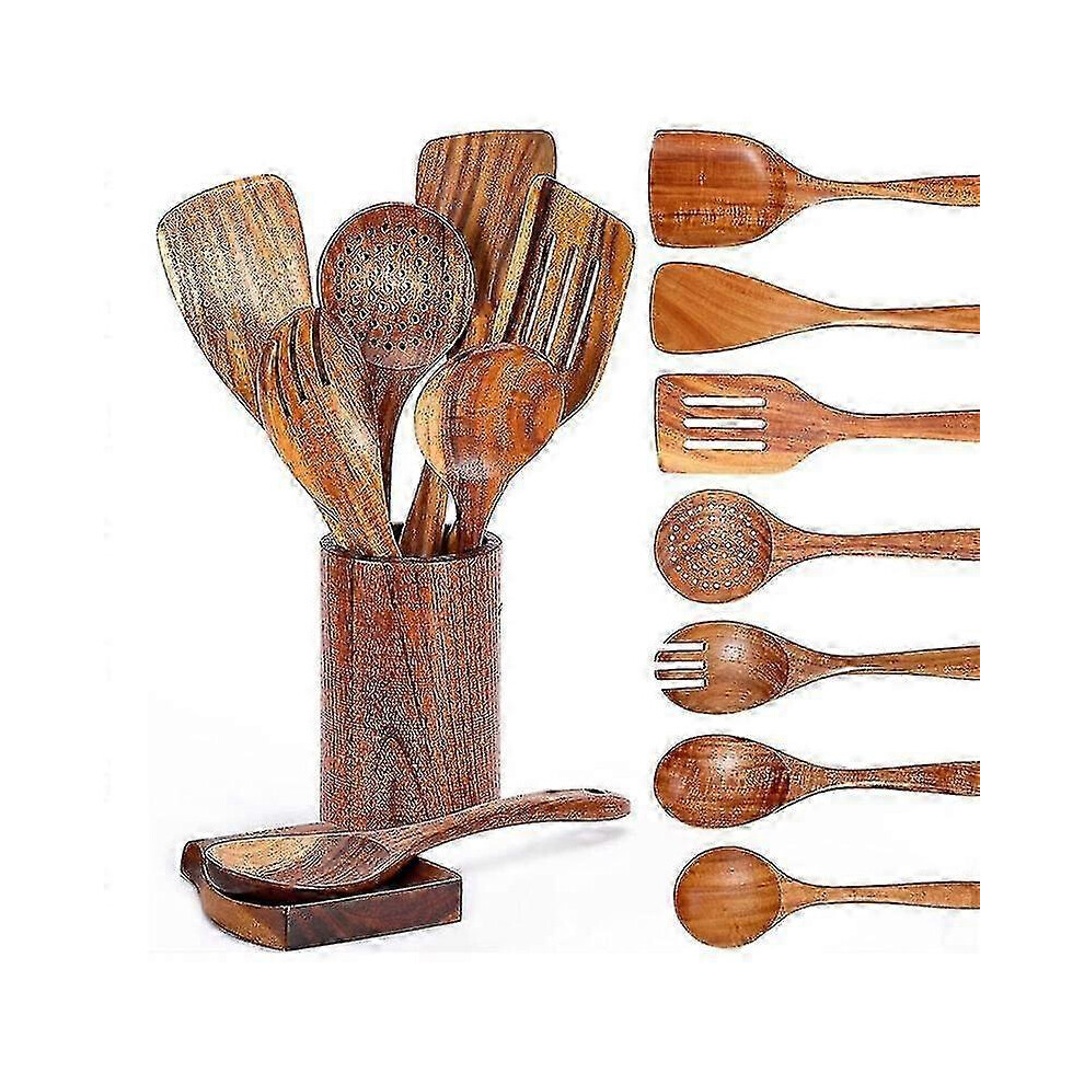 Set of 9 wooden spoons for cooking, wooden utensils with utensil holder, teak wood utensils