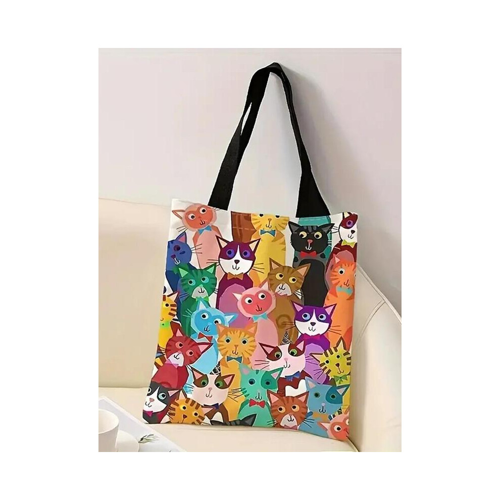 (Multicolor, one-size) All Over Cat Print Tote Bag, Casual Animal Print Shoulder Bag for Women & Girls, Trendy All-match Bag for Daily Life & Work Lux