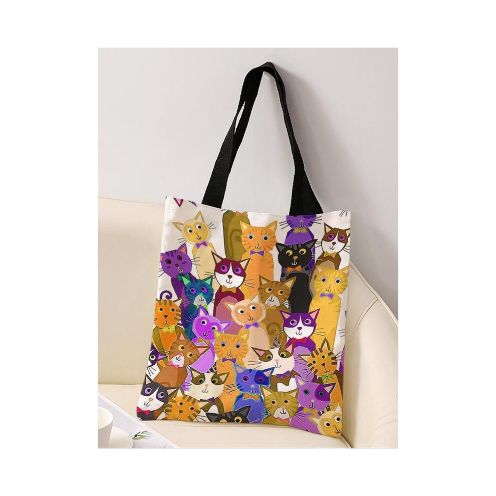 (Multicolor3, one-size) All Over Cat Print Tote Bag, Casual Animal Print Shoulder Bag for Women & Girls, Trendy All-match Bag for Daily Life & Work Lu