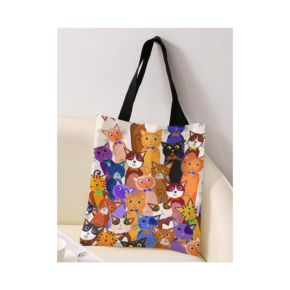 (Multicolor2, one-size) All Over Cat Print Tote Bag, Casual Animal Print Shoulder Bag for Women & Girls, Trendy All-match Bag for Daily Life & Work Lu
