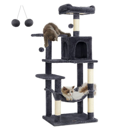 Kratzbaum - HELLOSHOP26 - 143 cm - Anthrazitgrau - Hängematte - Bequeme Nische