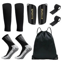 (Black, one-size) Professional Football Training Set (9 Counts/set), Athletic Socks & Shin Guard & Shin Sleeve & Tape Set, Outdoor Sports Accessories for Men
