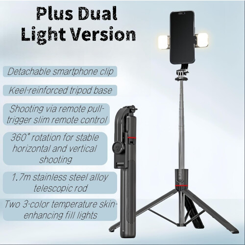 67" Foldable Bluetooth Selfie Stick Tripod/Monopod with Dual LED Lights, Wireless Charging(Black) 1