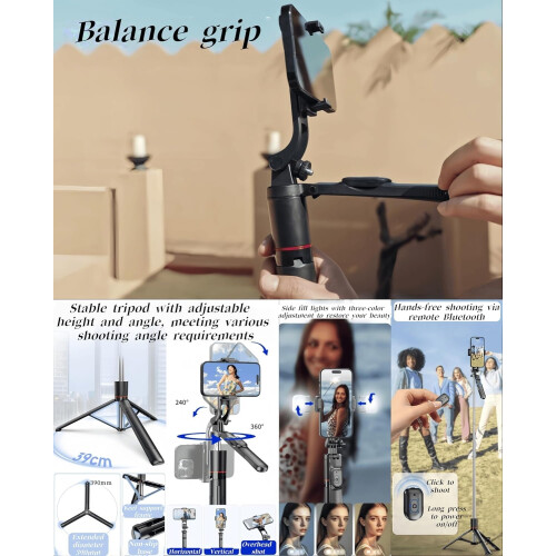 67" Foldable Bluetooth Selfie Stick Tripod/Monopod with Dual LED Lights, Wireless Charging(Black) 2