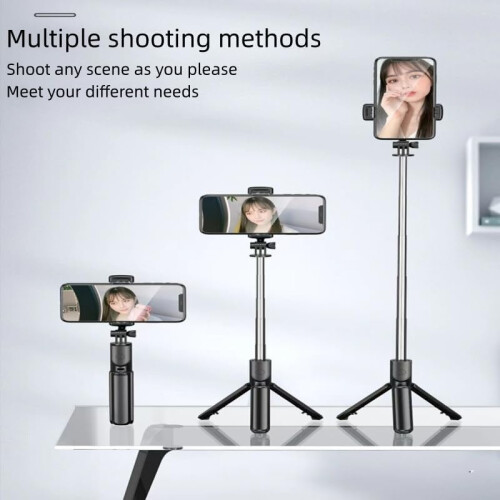 Portable Selfie Stick with Bluetooth Remote Control, 360-Degree Rotation, Telescopic Tripod(Black) 2