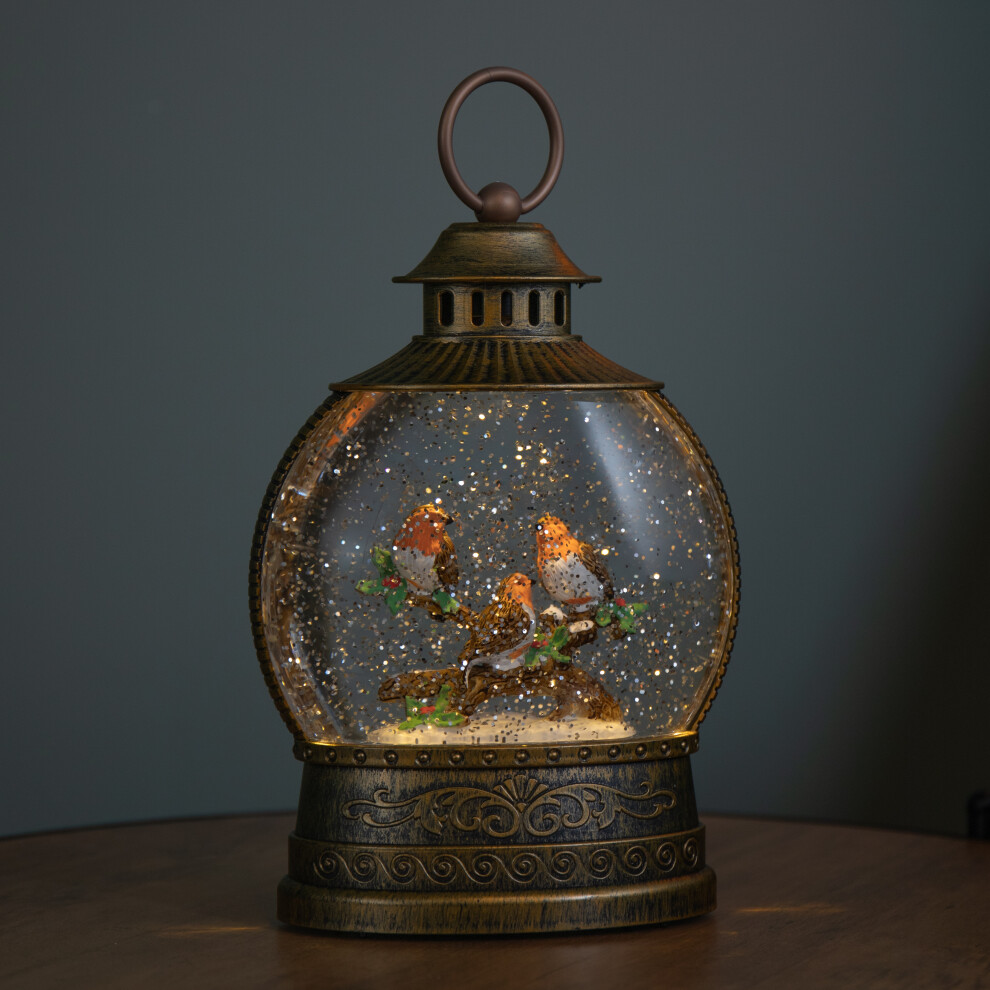 Premier 22Cm Dual Powered Light Up Antique Gold Christmas Robin Water Spinner With Leds