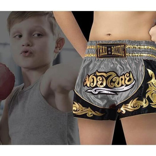 Short Enfant Muay Thai - Gris - Taille 10-12 ans - 100% Satin Polyester - Boxe Kickboxing 2
