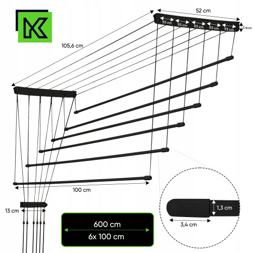 KADAX Decken-Wäschetrockner, 6 Stangen, Badezimmer, Balkon, 100 cm 2