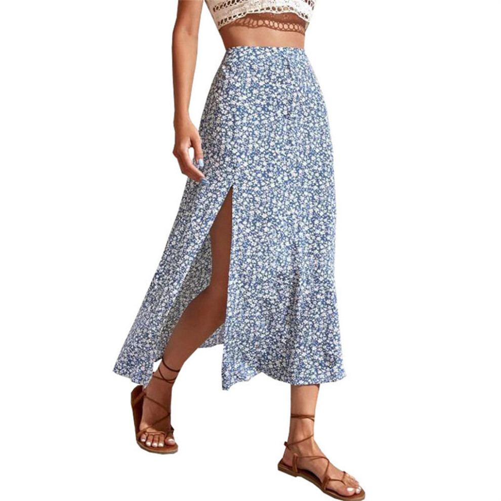 (Light Blue, XL) Long Split Skirt Bohemian Aesthetic High Waist Holiday Summer Clothing-image-OPC-PKJSSFK-NEW