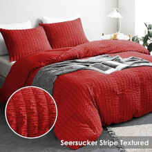 (Red, Double) Seersucker Quilt Cover Set – Polycotton 3 Piece Bedding, Wrinkle-Free Comfort UK