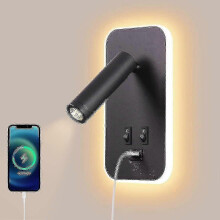 LED Wall Light, Bedside Lamp, Reading Lamp, with Switch, USB Charging Port, Bedroom Mood Lighting, Adjustable Spotlight (3W 3000K + 9W 6000K), Black