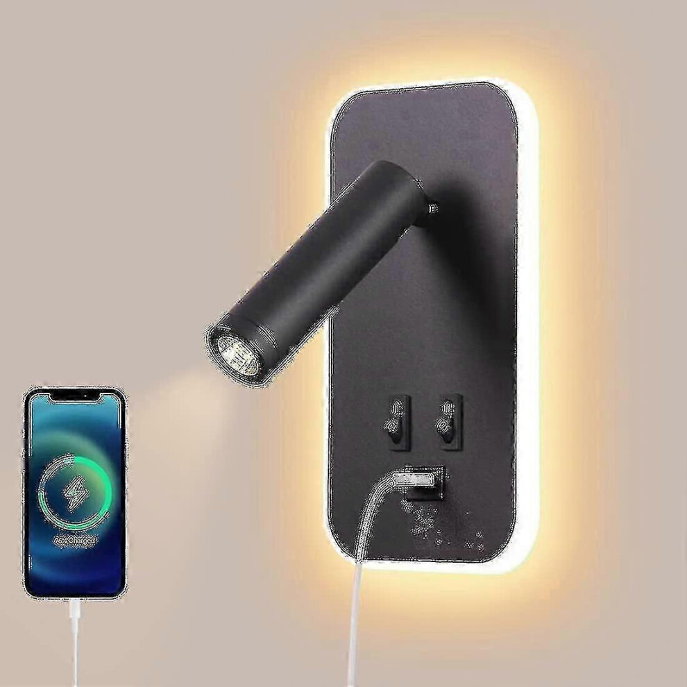 Led Wall Lamp, Bedside Lamp With Switch, Usb Charging Port, Adjustable Mood Lighting For Bedroom (3W 3000K + 9W 6000K) Black