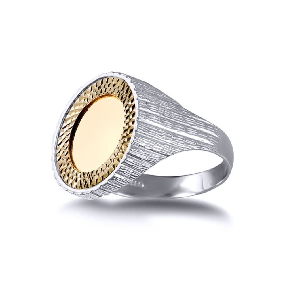 (M) Jewelco London Solid Sterling Silver Ribbed Barked Quarter Sovereign Coin Mount Ring - 9ct Gold Bezel - XRN115-Q