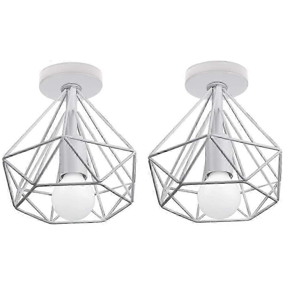 Retro Industrial Metal Led Ceiling E27 Diamond Cage 25Cm For Dining Room Bar Bedroom Kitchen Living Room (2 Pack, White) Light/White