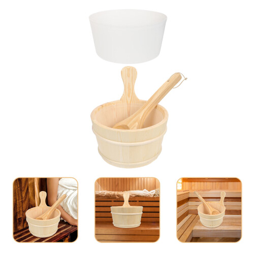 Conjunto De Acessórios Para Sauna Balde Colher E Forro De Madeira 2