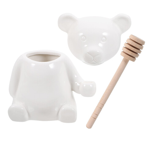 ceramic bear honey jar with wood dipper stick storage container