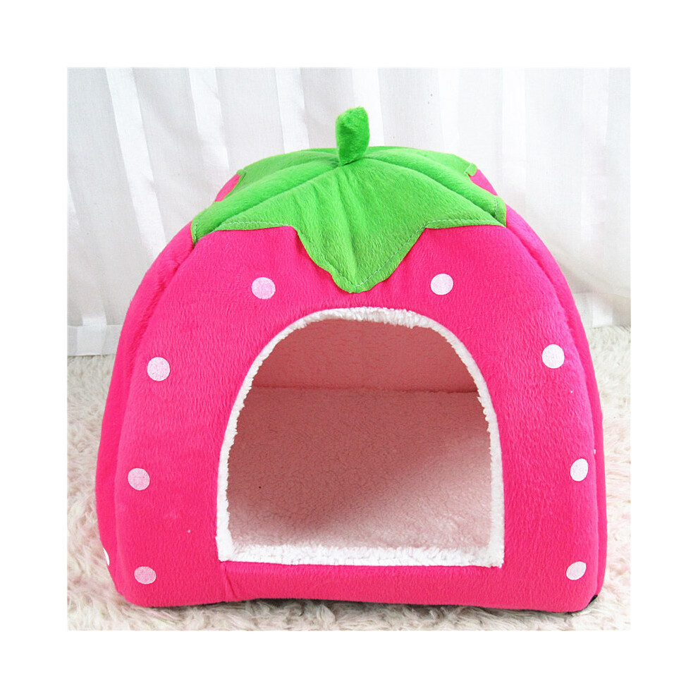 (, L) Cat Strawberry Pet Dog Plush Washable Igloo Bed Pyramid Kennel House Pad Tent Pink