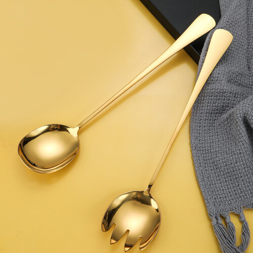 2Pcs Stainless Steel Buffet Spoon Practical Food Serving Fork (Golden) 2