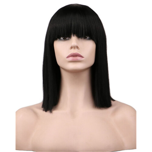 (Black) Shawl Straight Womens Full Wigs Bob Style Ladies Natural Cosplay Bangs Hair With