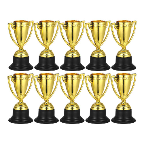 10 Unidades Troféu Mini Dourado Em Plástico Com Base Preta