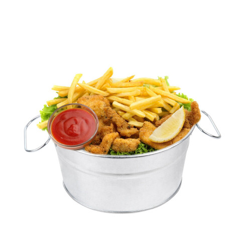 balde metal para batatas, e salgadinhos com alças ( )