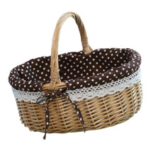 picnic bag wicker storage with linen inner in coffee white dots