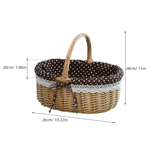 picnic bag wicker storage with linen inner in coffee white dots 1