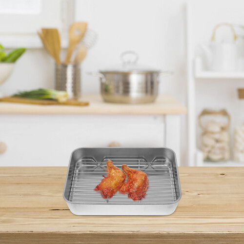 Stainless steel baking tray with rack, practical silver dish set 2
