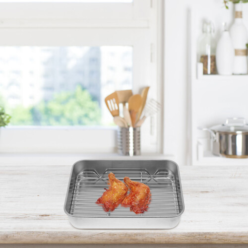 Stainless steel baking tray with rack, practical silver dish set 1