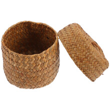 Yellow Round Wicker Basket With Lid Handmade Mini Woven Flower Basket.