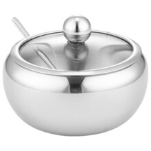 stainless steel sugar bowl with lid and spoon, salt pepper set